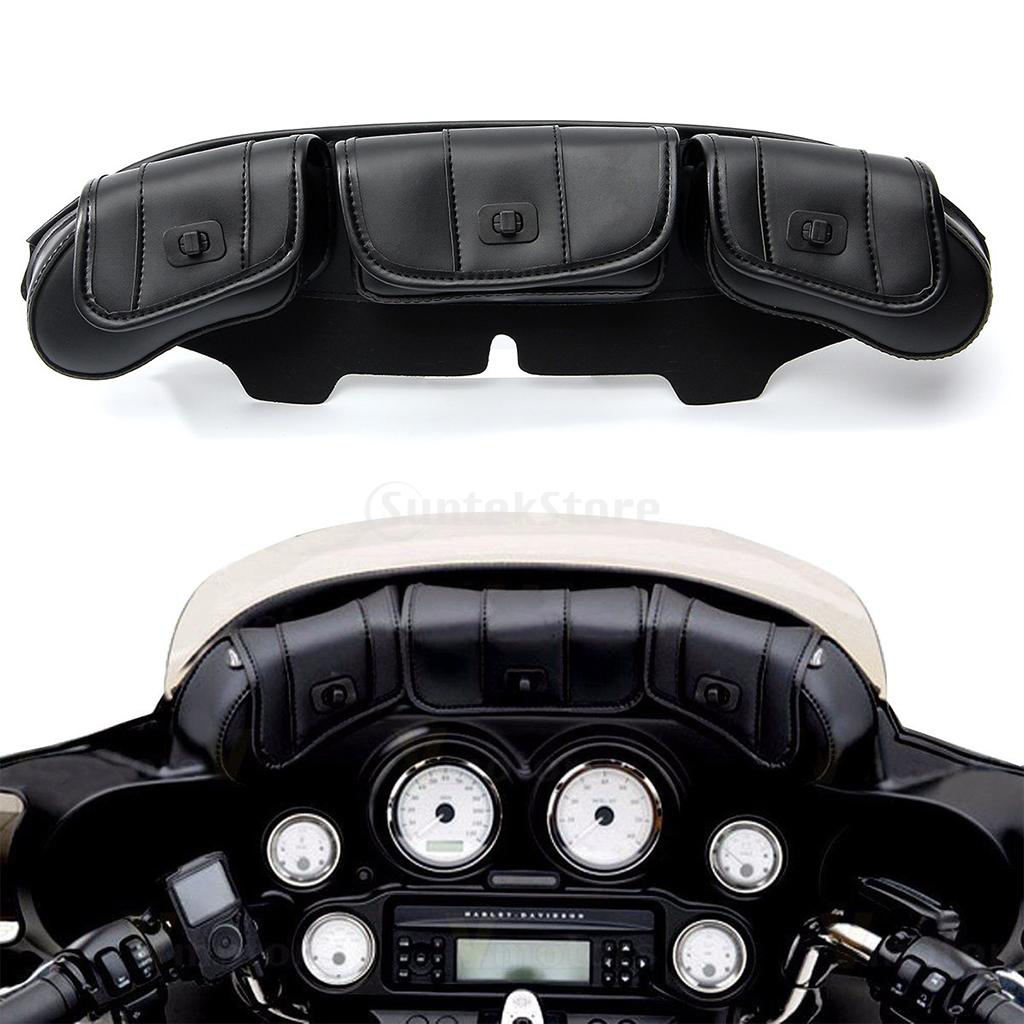 Motorcycle 3 Pocket Windshield Bag Pouch Fits for Harley Touring FLHT 96-13, Black