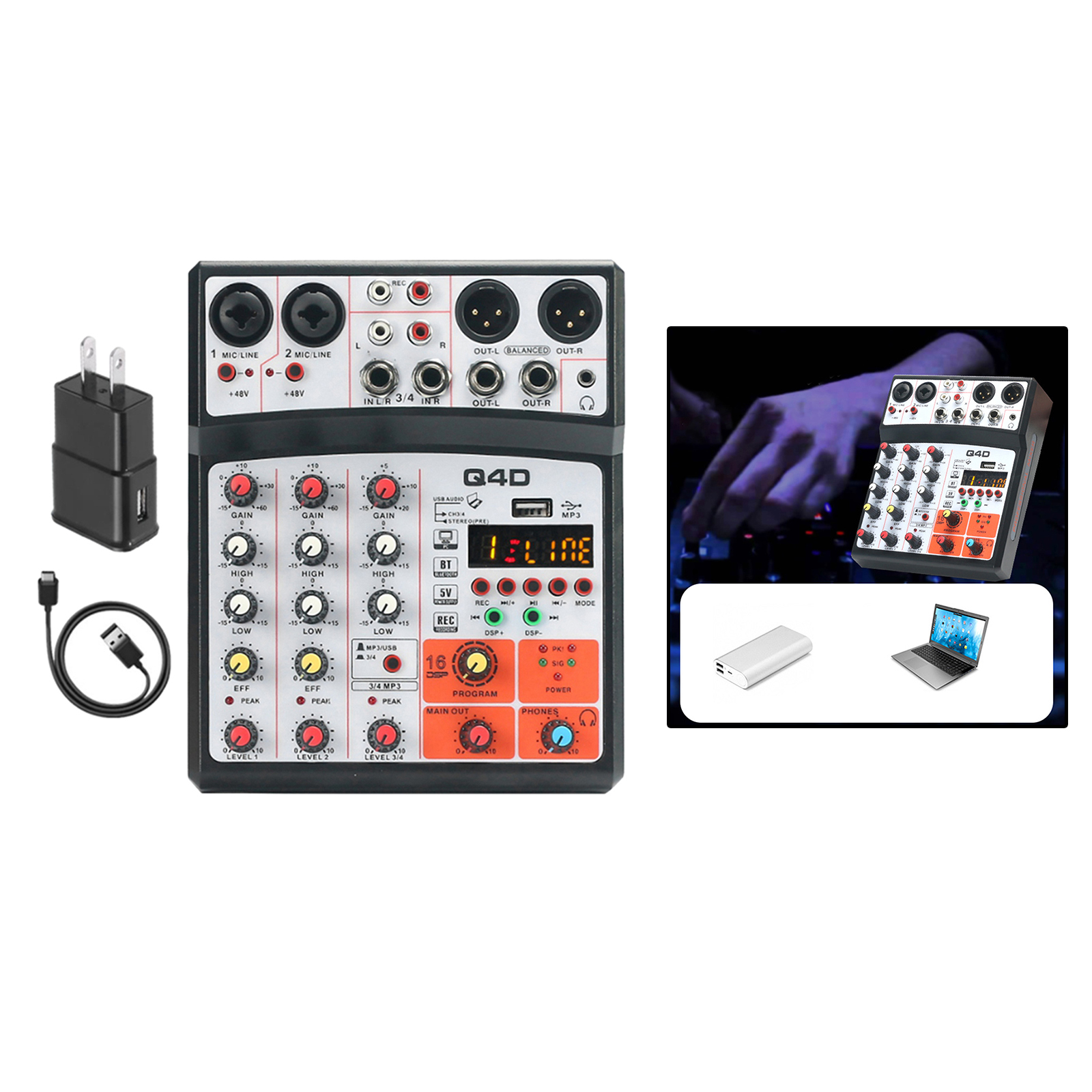 4 Channels DJ Audio Sound Mixer with 48V Phantom Power, Desktop Karaoke with MP3 Input, High Performance