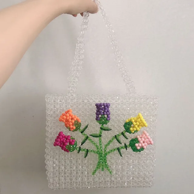 2021 New Transparent Acrylic Beads Woven Portable Shoudler Bag Rose Tulip  Flower Female Atmospheric Female Girl Top Handbag