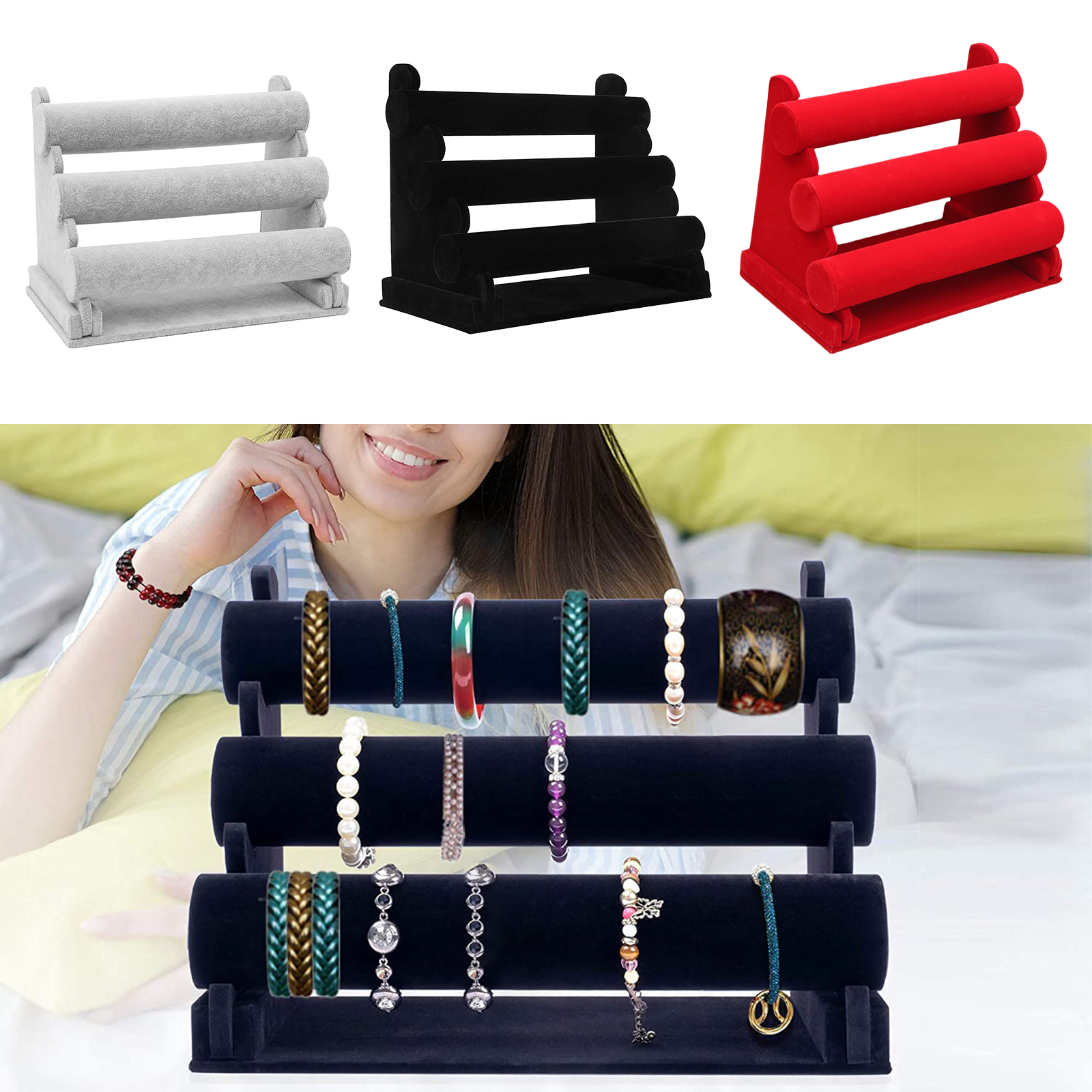 3 Tiers Bracelet Holder Velvet Jewelry Organizer Stand Display for Watch