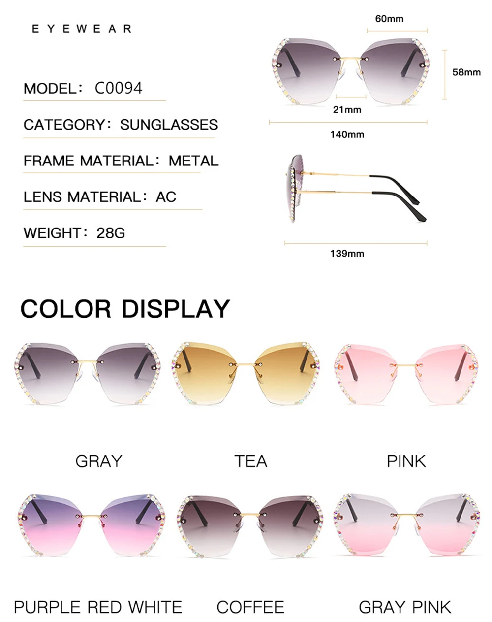 coach sunglasses 2022 Fashion Brand Design Vintage Rimless Rhinestone Sunglasses Women Men Retro Cutting Lens Gradient Sun Glasses Female UV400 ray ban sunglasses women