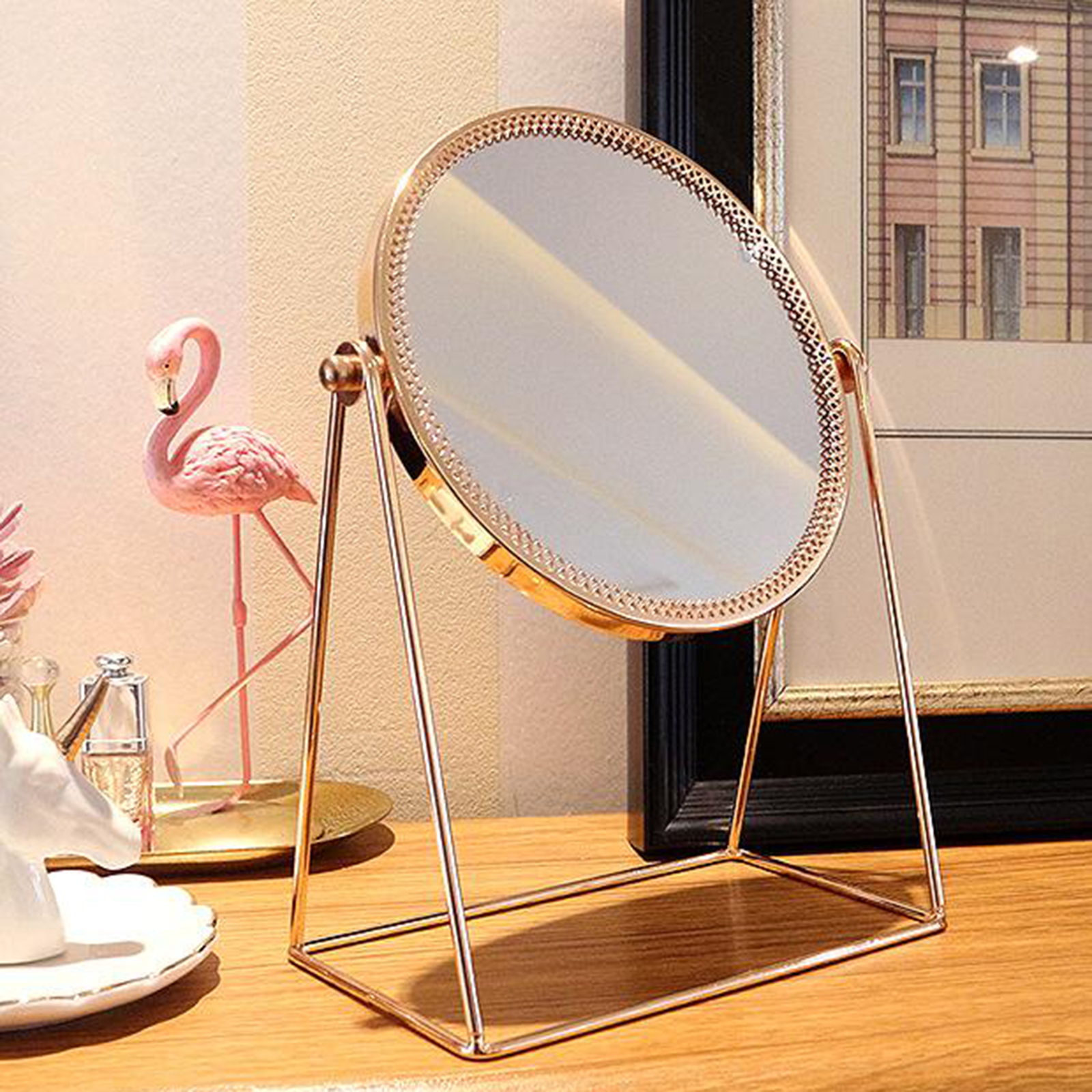 round vanity mirror on stand