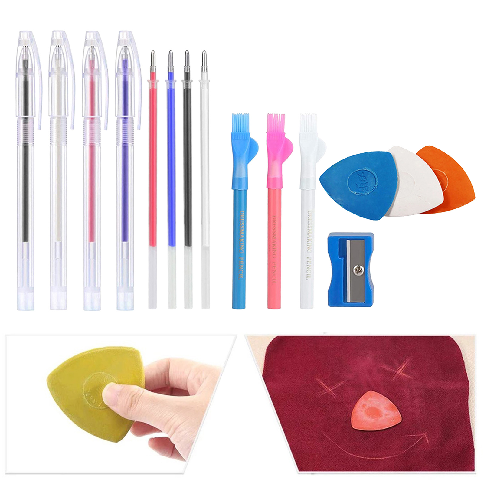 4pcs Heat Erasable Pens with 4pcs Refills, Fabric Marking Pencil Heat Erase Pens, Pencils, Chalk and Pencil sharpener