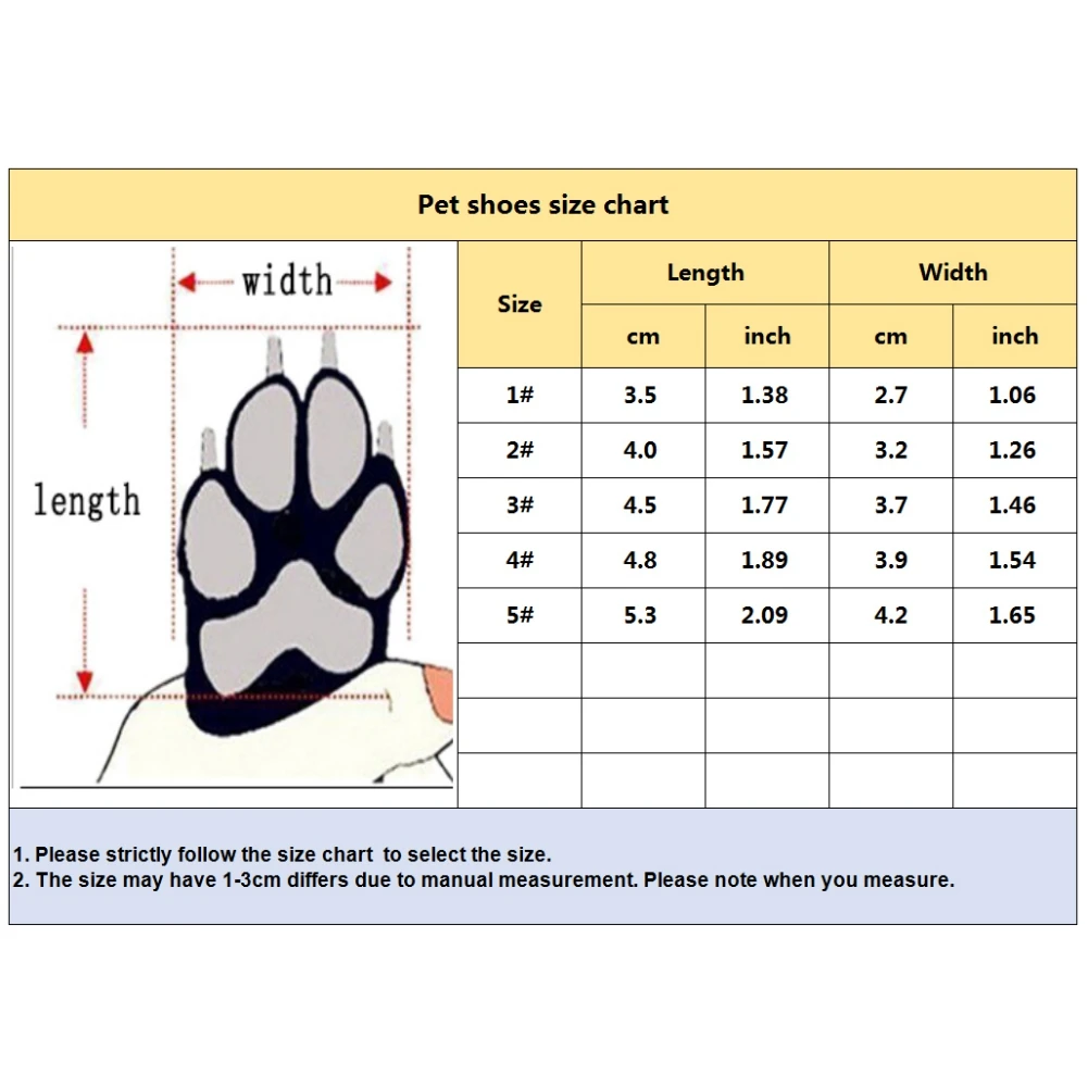 Una tabla de tallas de zapatos para mascotas, diseñada específicamente para perros. La tabla enumera diferentes tamaños junto con su correspondiente ancho, largo en centímetros y ancho en pulgadas. Hay ilustraciones de la pata de un perro para ayudar a medir el tamaño correcto.