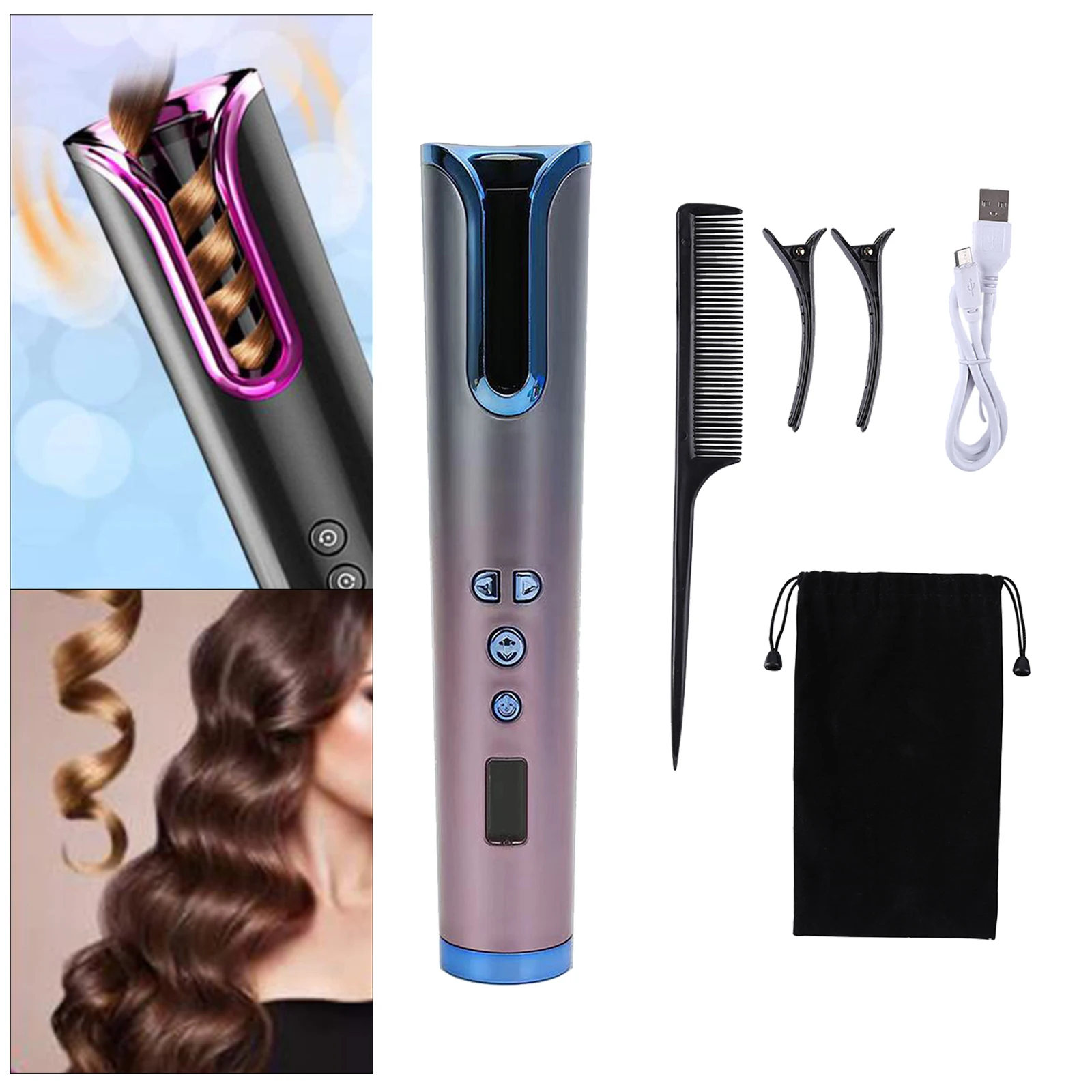Cordless Automatic Hair Curler USB Rechargeable Curling Wand Auto Shut-Off Fast Heating 6 Temperature Wireless Curling