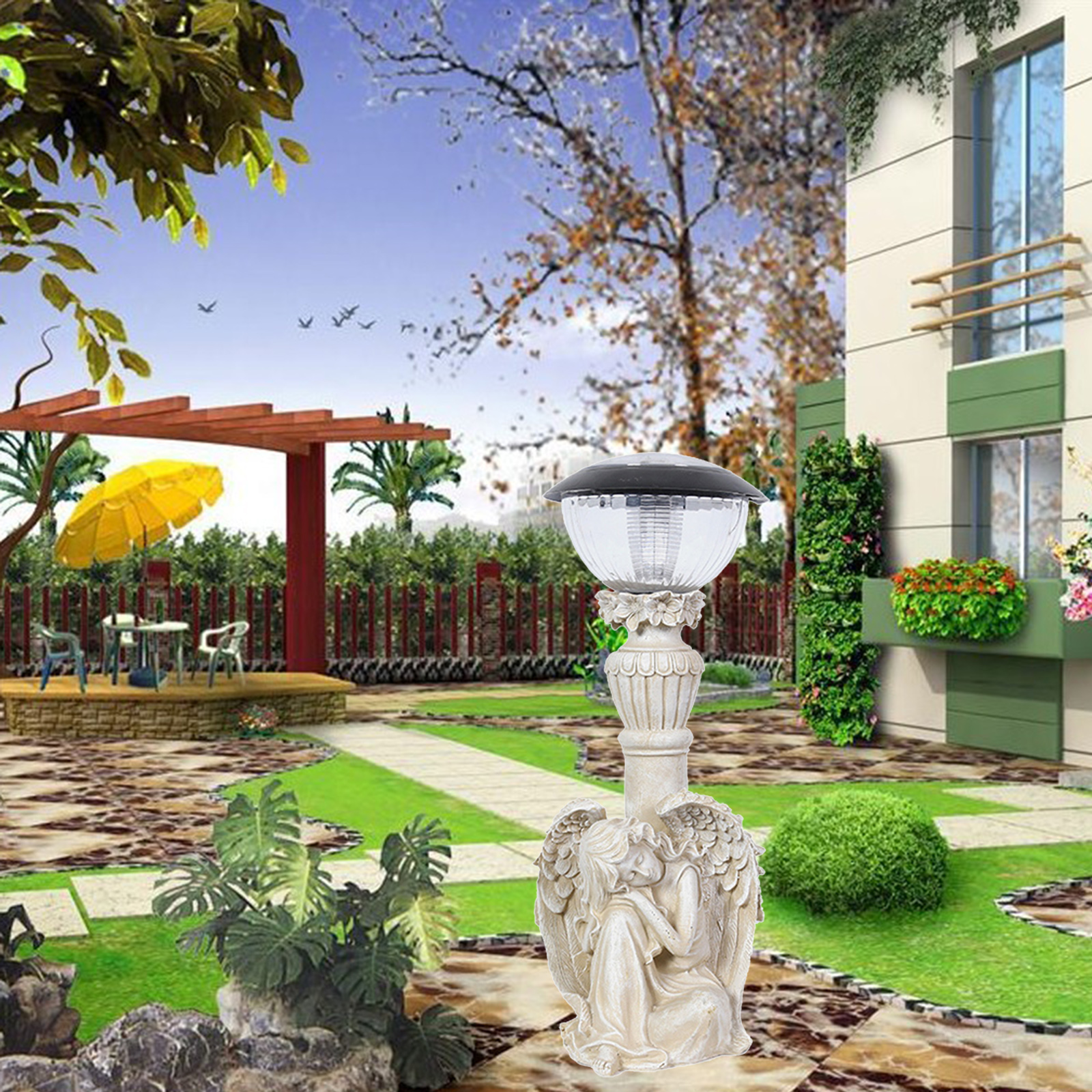 Waterproof Solar Powered Angel Statue Garden Figurine Sculpture with LED Light for Patio Lawn Decor