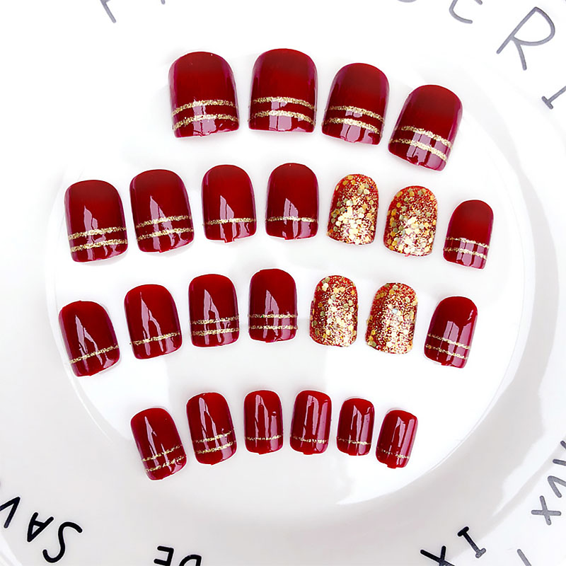 Falsas com Glitter Curto Vinho Vermelho Prego Arte Unhas Dourado Champanhe Casamento Unha Ponta Completa Hjl2022 24 Pçs 8 casamento unha ponta completa hjl2019