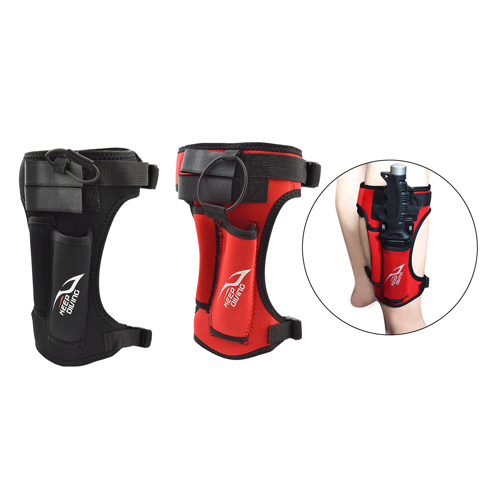 Neoprene Diving Knife Strap Holder with 2 Pockets, Hook & Loop Closure Wrap