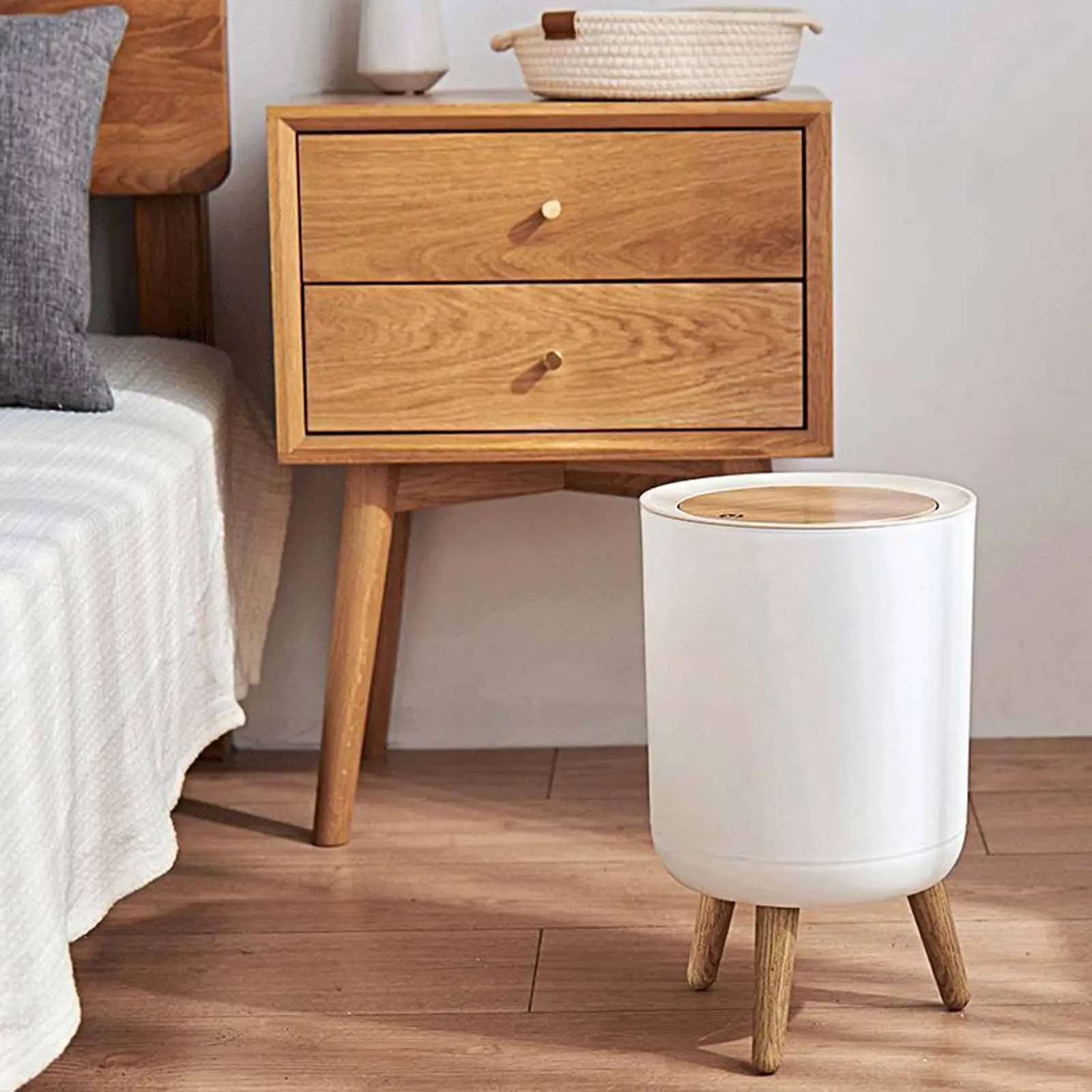 Modern Dustbin Round Desktop Press Lid Imitation Wood Grain High Foot Bathroom Bedroom Kitchen Office Garbage Basket Waste Bin