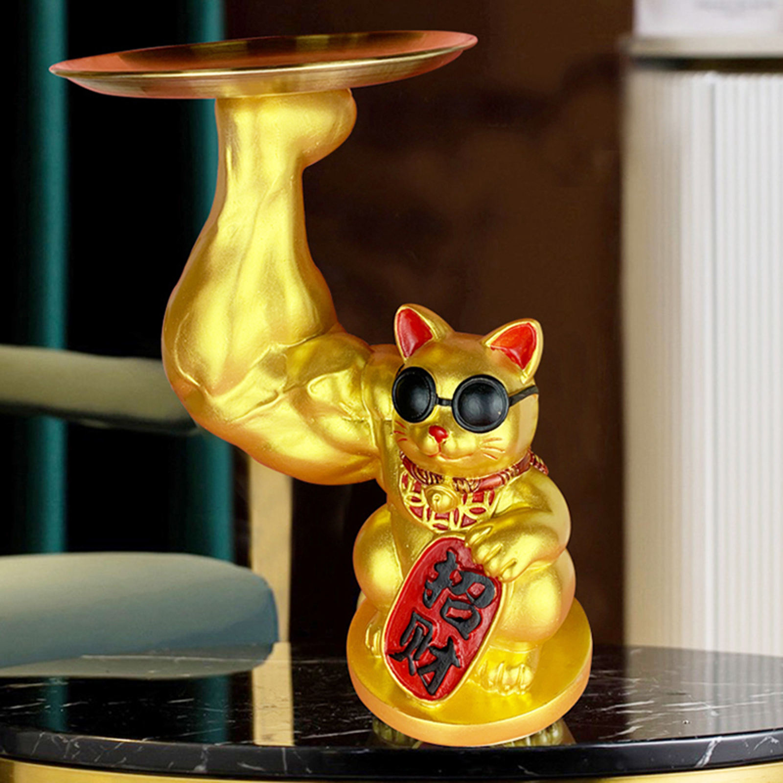 Giant Muscle Arm Fortune Cat Statue Figurine Feng Shui Animal Craft Office Room Shop Home Door Interior Decoration Accessories