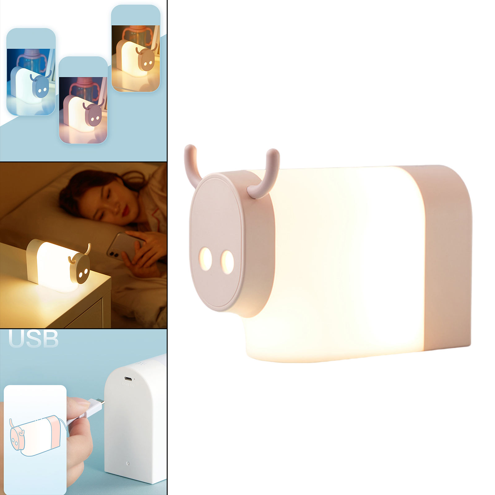 Bedside Lamp LED Animal USB Charging Dimmable Cow Night Light Lamp for Nursery Bed Kids Children Baby Table Desk Lamp Birthday