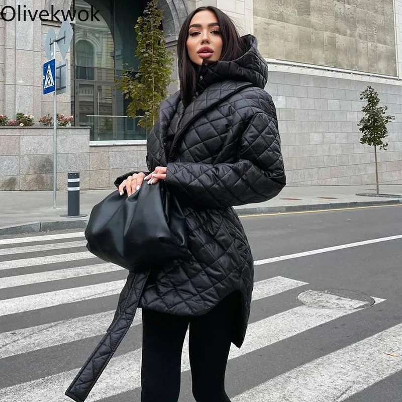 Olivekwok Women Winter Coats  Fahion Solid Black Plaid Parkas Full Sleeve Hooded Streetwear Bandage Heavy Outwear long down puffer coat