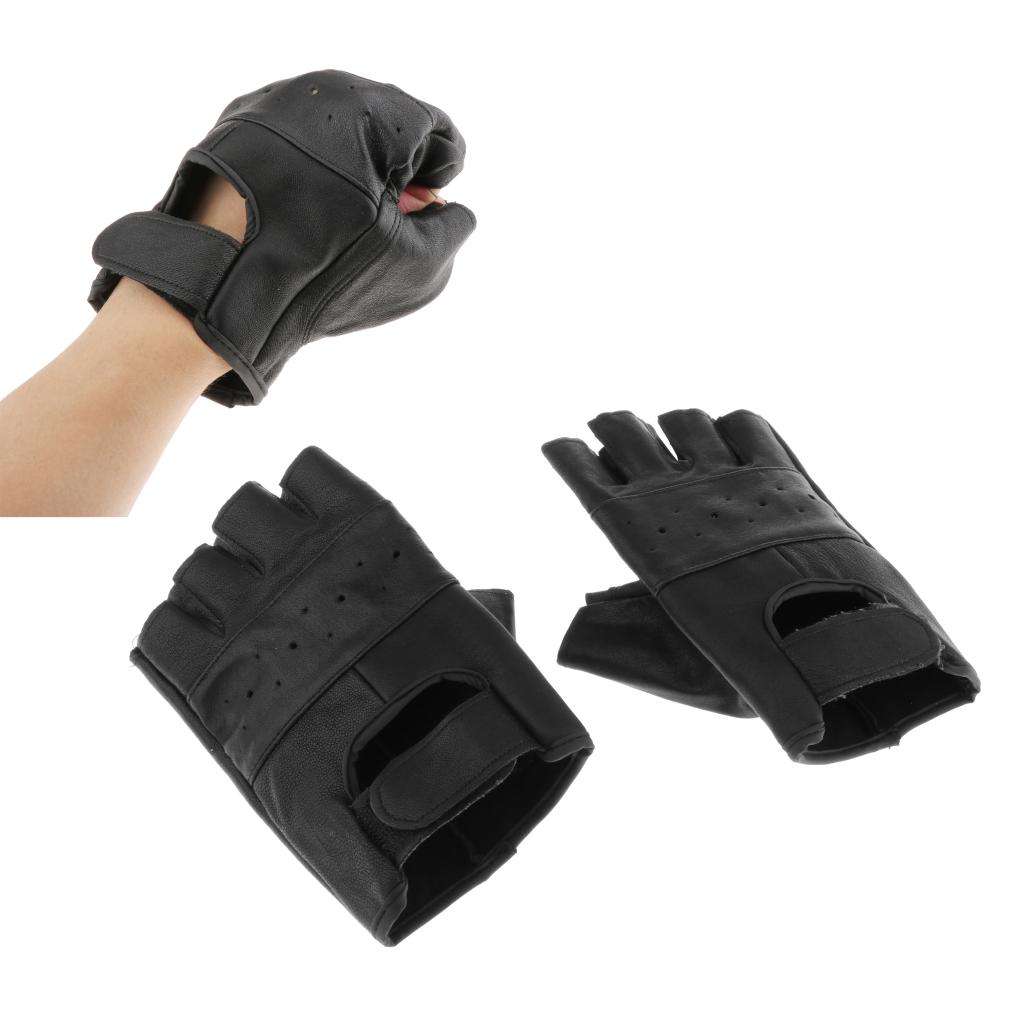 Leather Fingerless Gloves Men's Motorcycle Premium Driving Cycling Weight Lifting Gloves (Black)