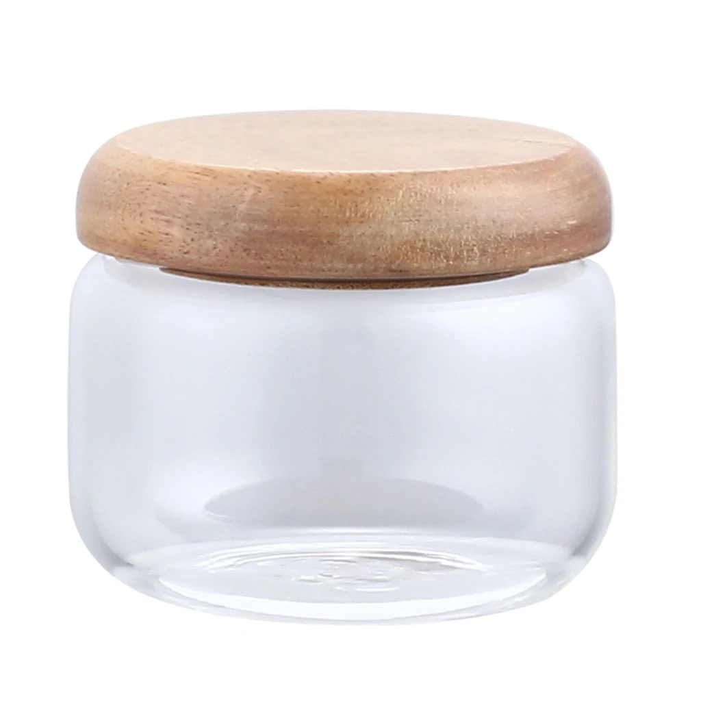 Small Glass Jars with Wood Lids 10oz Orgnizer Container Clear for Sealed Food Grains Candy Beans Cookie