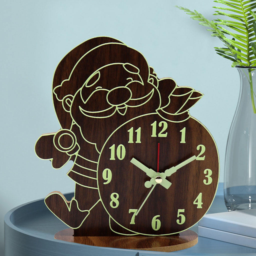Wooden Alarm Clock Cartoon Non Ticking Luminous Battery Powered Desktop Clocks for Home Living Room Kids