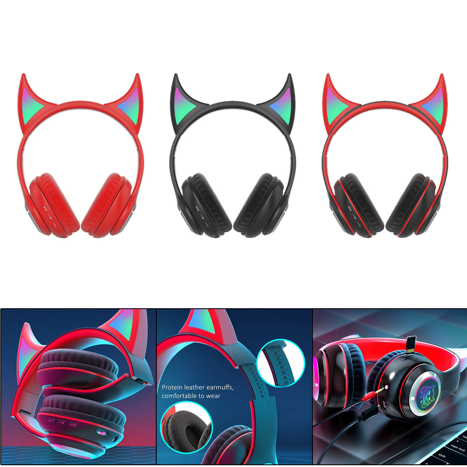 Wireless Headset Cute RGB Light Unique Bluetooth 5.0 Little Devil Gamer Headset for PC Computer Cell Phones Sport Kids Adults
