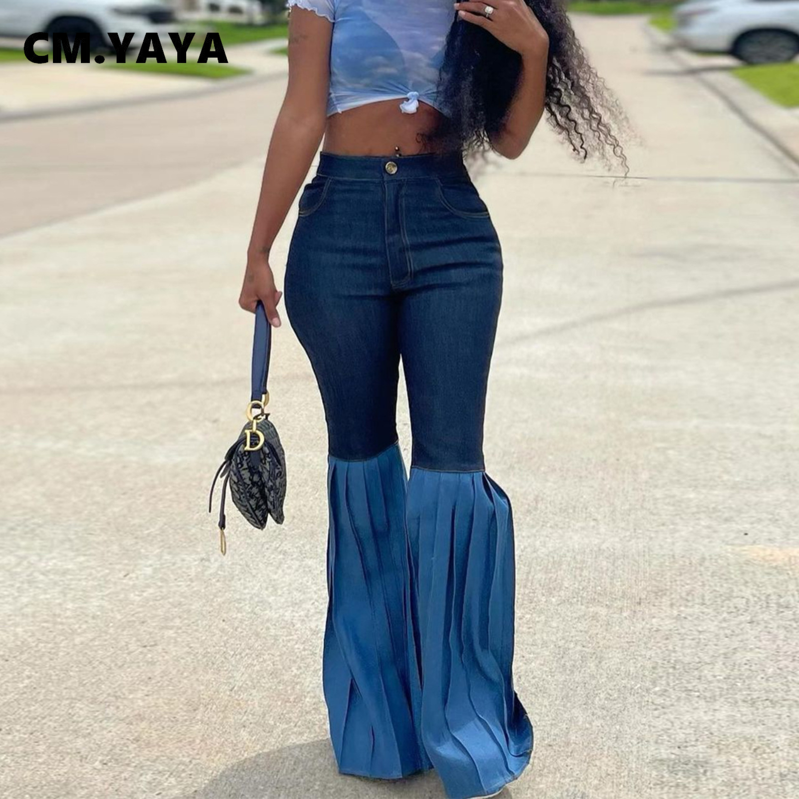  Women Zipper Fly Pleated Ruffles Hem Patchwork Bloomers Jeans  Fashion Streetwear Denim Trouser Pants - AliExpress