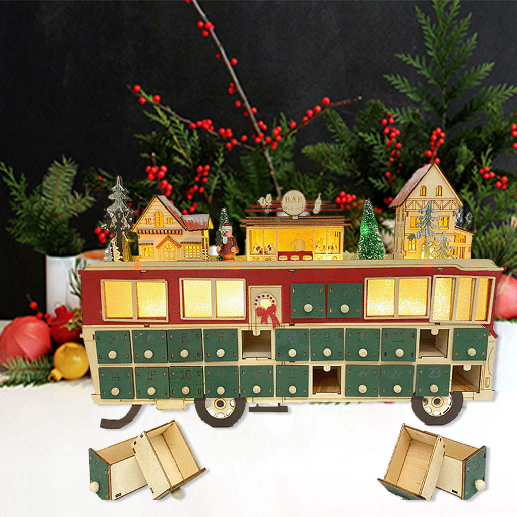 Wood Advent Calendar Children Toy Battery Operated DIY Bus Shape Light up 24 Drawers Christmas Holiday Decoration