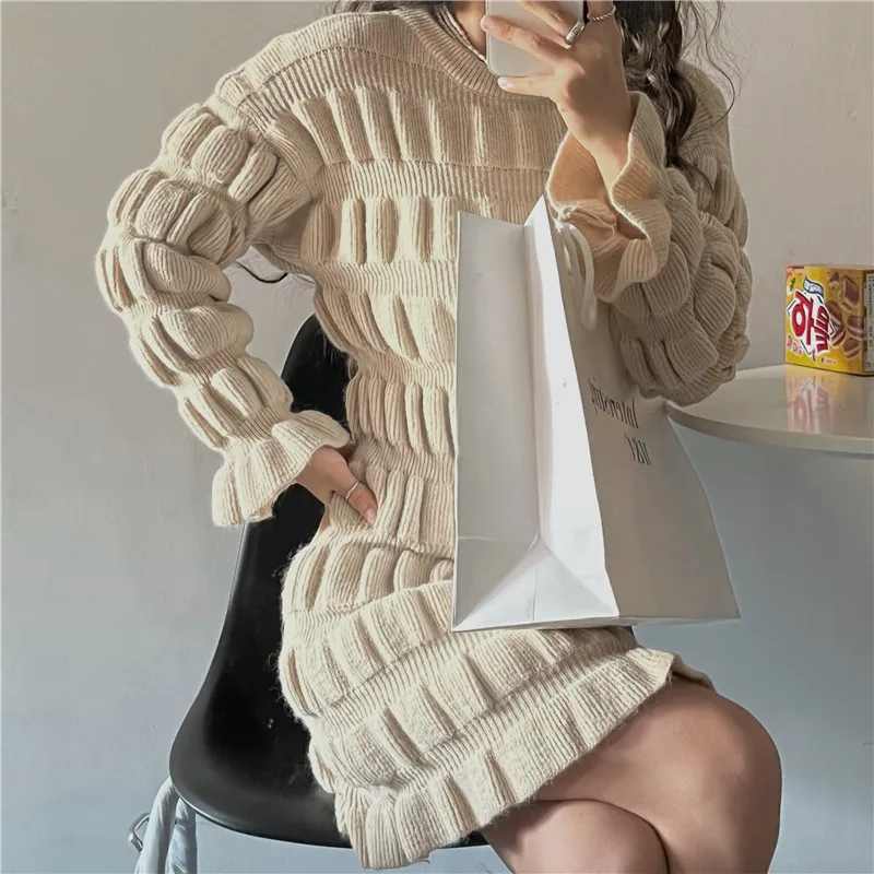 H13468d50c763469cbcbb808ddcab5263e - Winter Korean O-Neck Long Flare Sleeves Ruched A-Line Knitted Mini Dress