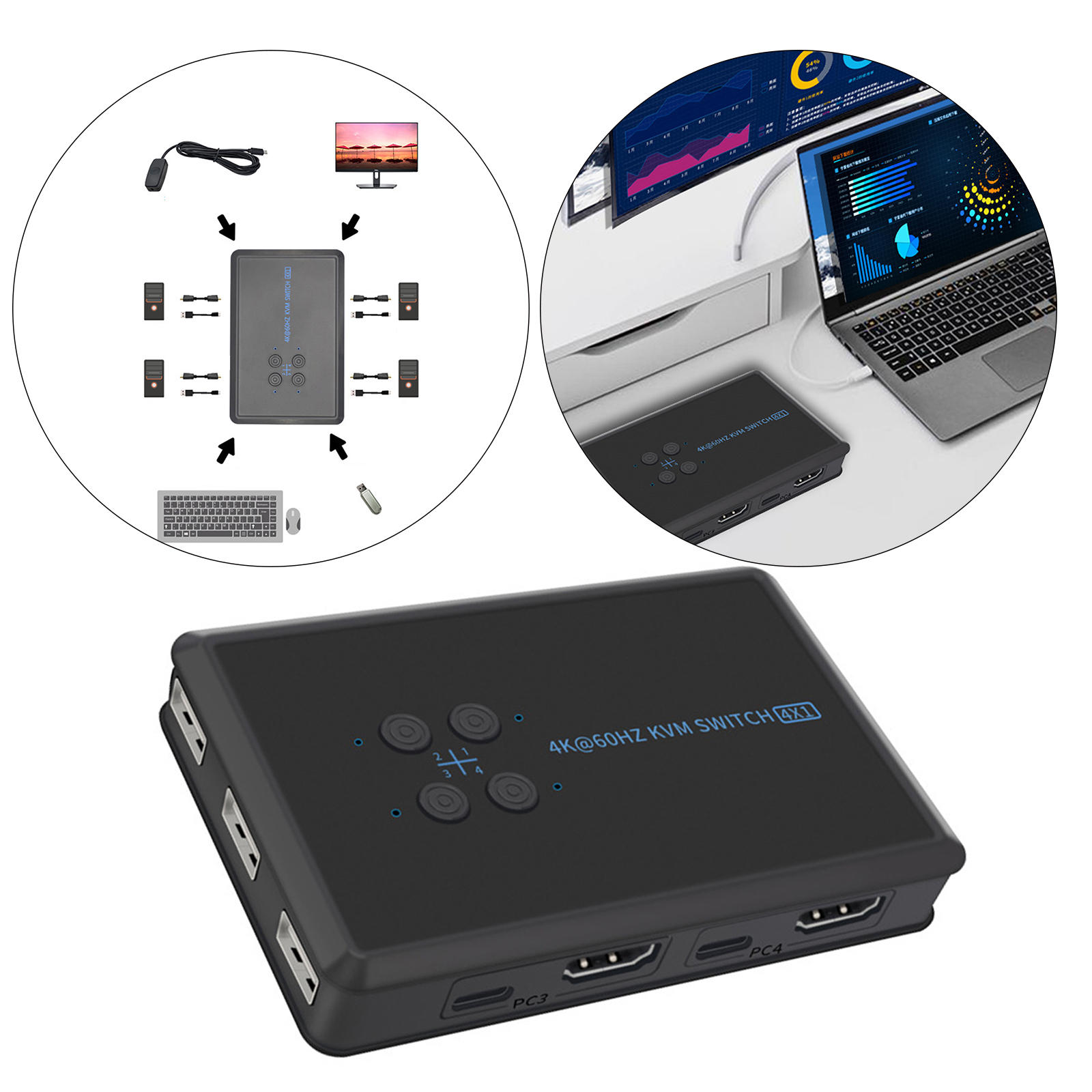 KVM Switch  4 Port Box, UHD 4K@60Hz & 3D & 1080P Supported, Downward