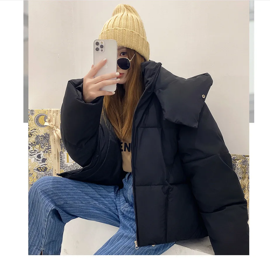 2022 winter new Korean style fluffy hooded bread down jacket women thick loose short jacket