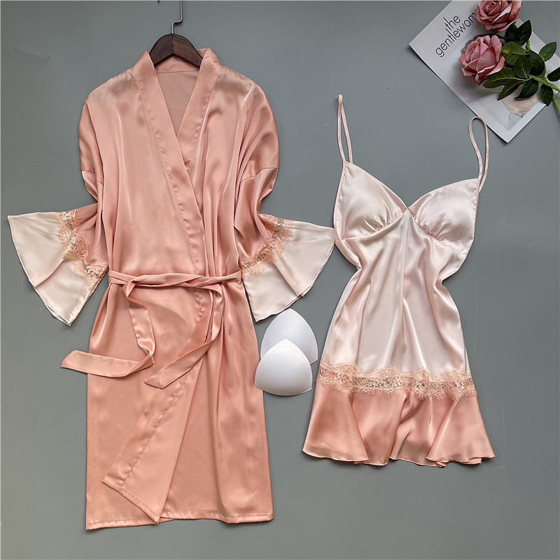 Waliicorners Bathrobe Gown Lounge Wear Lingerie Bridal Patchwork Sleepwear Satin Robe Set 23