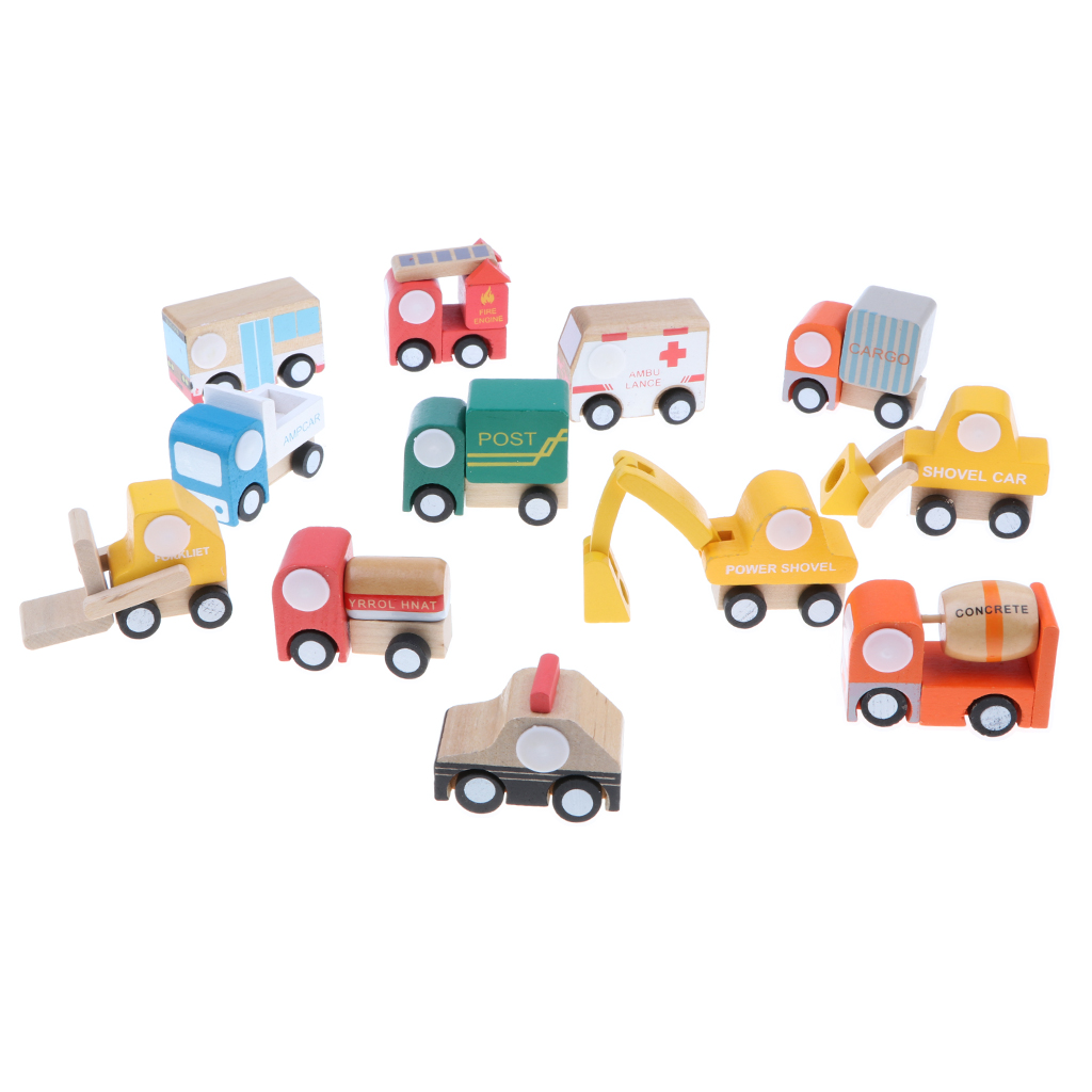 Wooden Urban Vehicle Set for Children - 12 Pieces, Truck, Bus, School Bus,