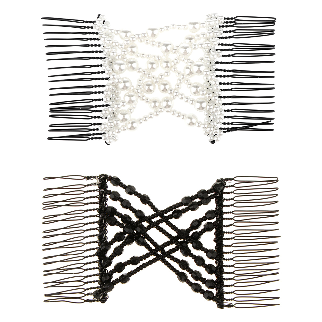 2Pcs Double Slide Hair Comb Magic Bead Stretchy Hair Combs Clips Black+White Headwear Accessories