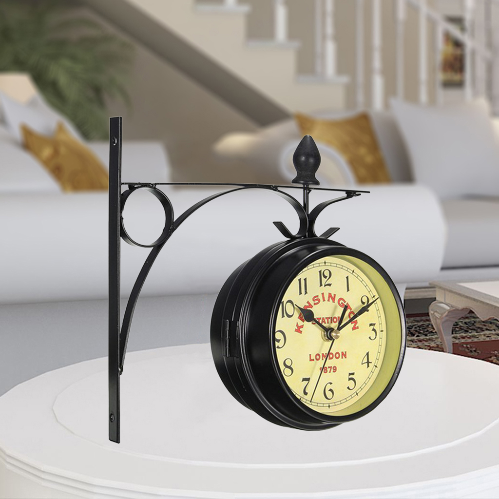 Retro Wrought Iron Double-Side Faces Metal Wall Clock Garden Coffee Bar Home