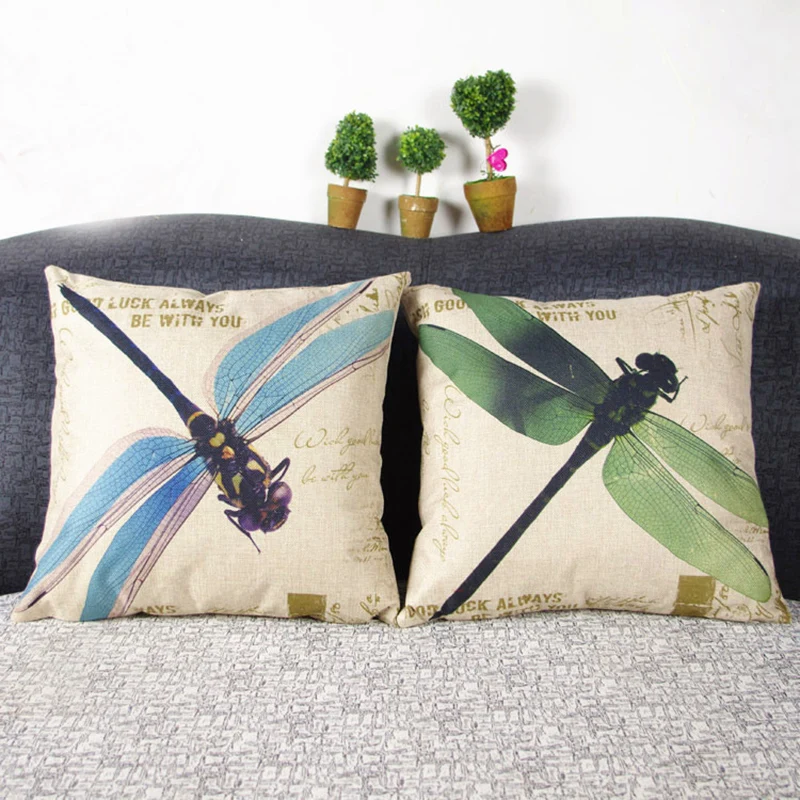 HomeTextiles Art Cotton Linen Vintage Home Decor Outdoor Cushion Cover Dragonfly 
