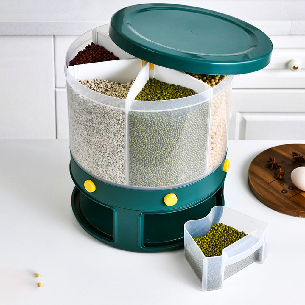 Kitchen Rice Dispenser Dry Grain Storage Container Box Case 6-Grid Rotating