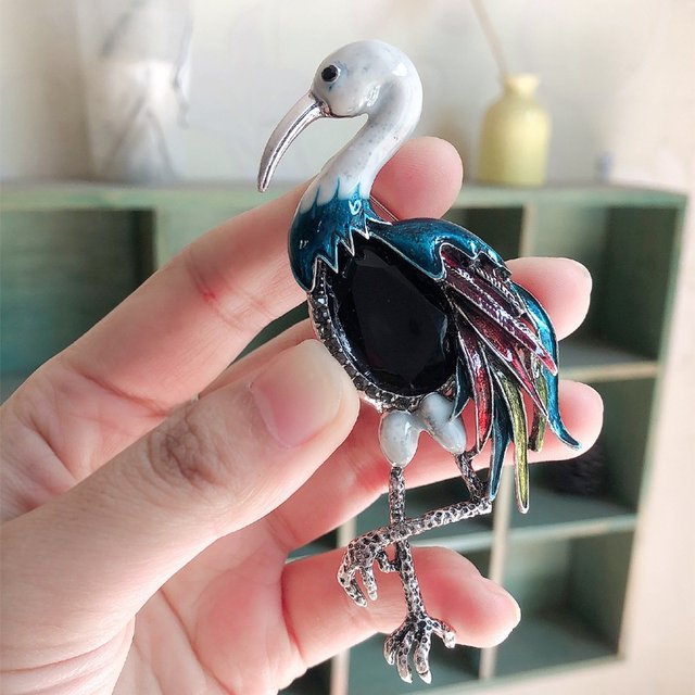 shmik Pretty Red Crowned Crane Brooch for Woman Animal Bird Pin Retro Rhinestone Flamingo Brooches Jewelry