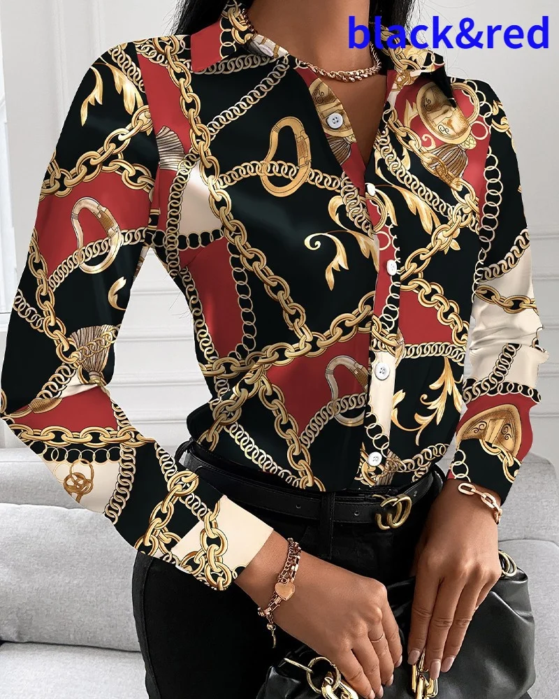 New Women's Long Sleeve V-neck Buttons Printing Shirt Fashion Lapel Office Graphic T Shirts Casual Loose Printed Party Tops red t shirt