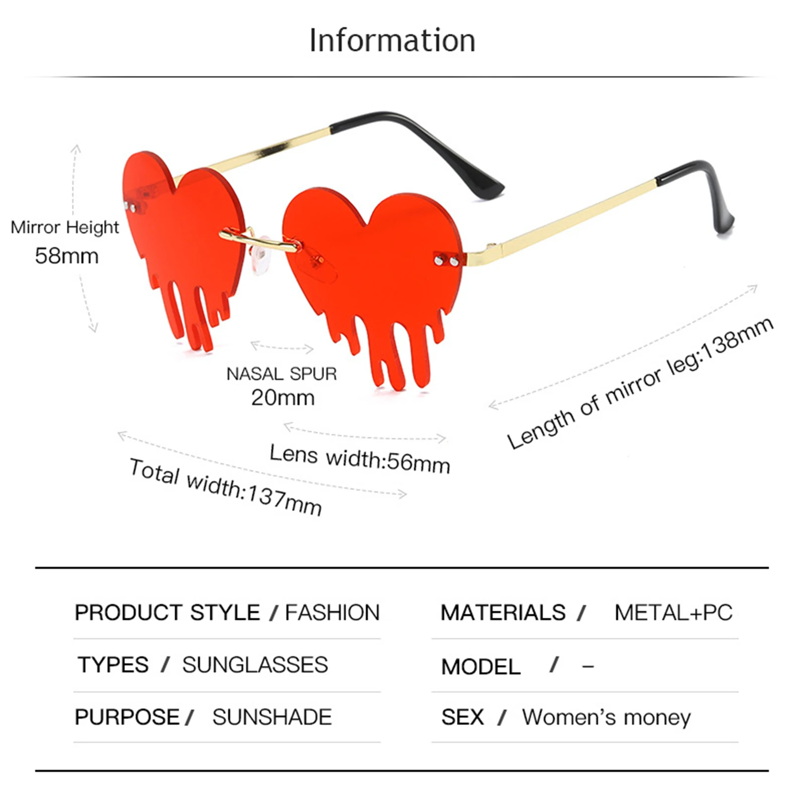 Fashion Dripping Heart Sun Glasses Personality Party Eye Glasses Frameless Fashion Dripping Heart Sun Glasses Personality Party Eye Glasses Frameless