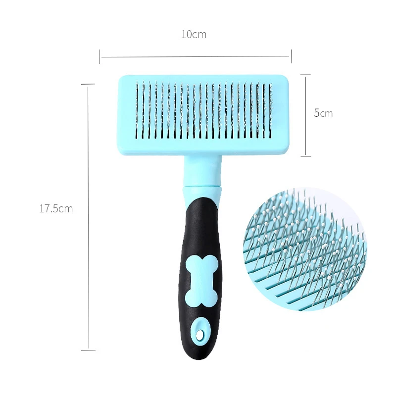 Un cepillo para el cabello con mango azul y empuñadura negra. El cabezal del cepillo tiene una combinación de cerdas y dientes, diseñados para desenredar y peinar el cabello. Las dimensiones del cepillo están indicadas en la imagen: el mango es de 17