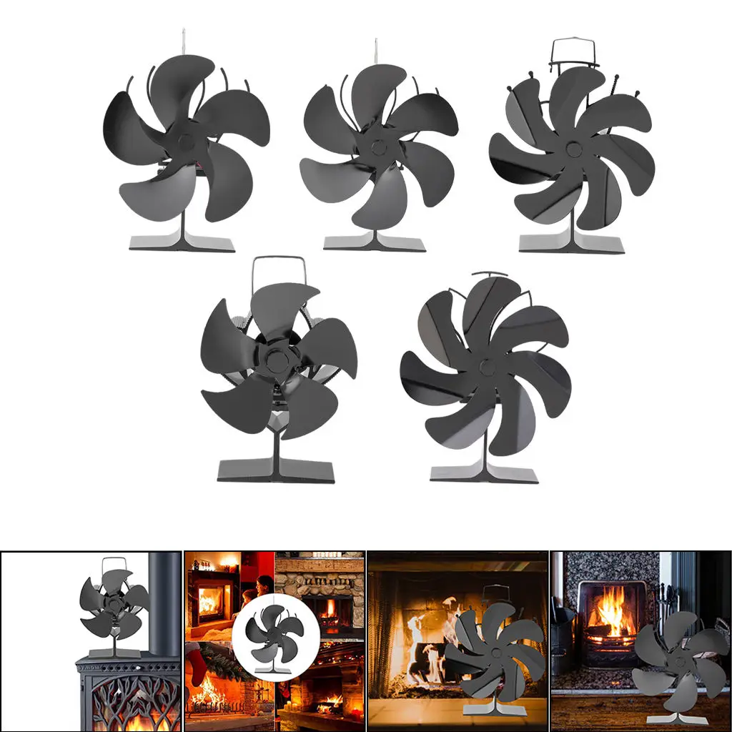 Black Fireplace Fan 5/6/7 Blade Heat Powered Stove Fan Log Wood Burner Eco Friendly Quiet Fan Home Efficient Heat Distribution