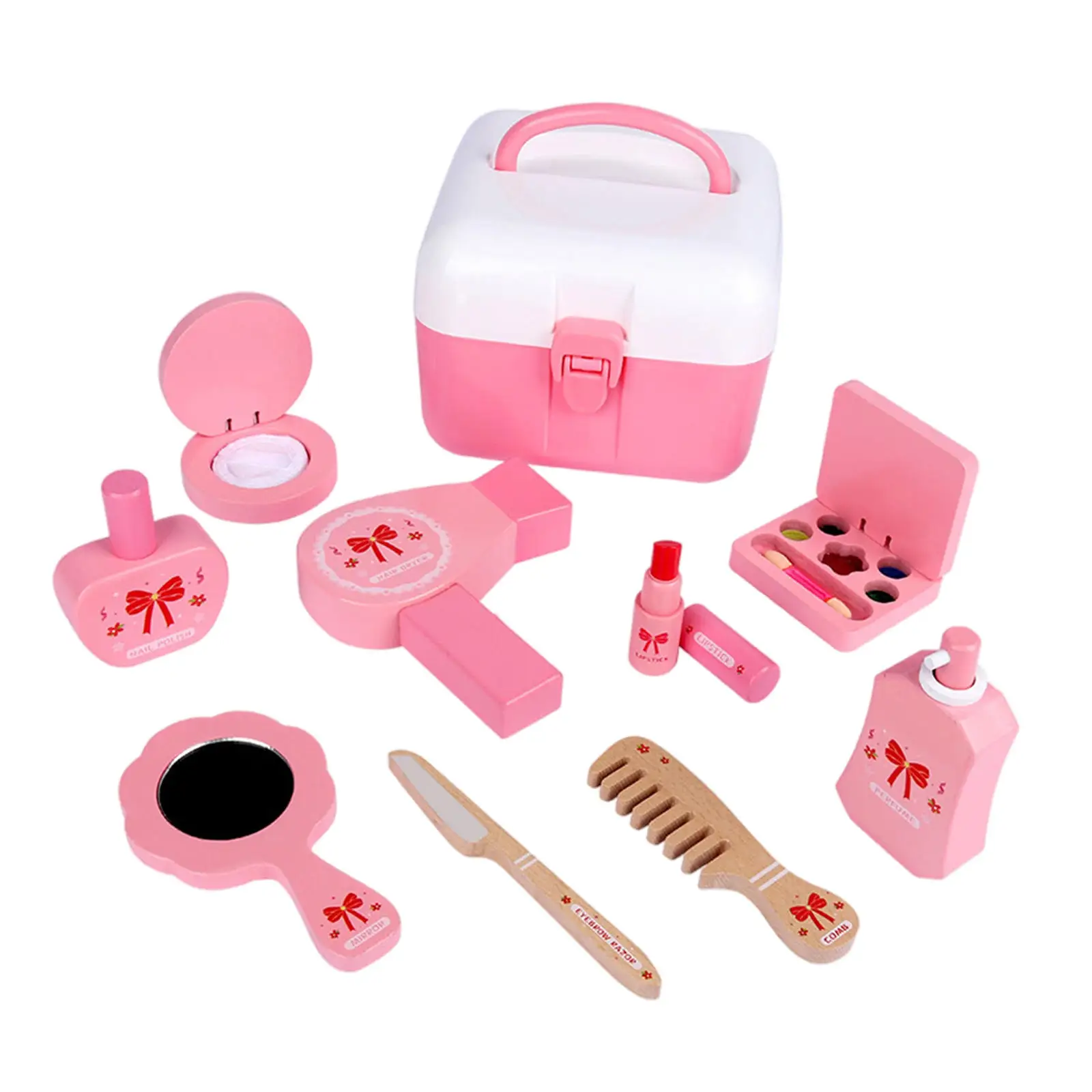 10x Wooden Kids Makeup Kit with Cosmetic Case Role Play Toys Pretend Play Toy Mirror Toy for Girls Kids 3-8 Years Xmas Gifts