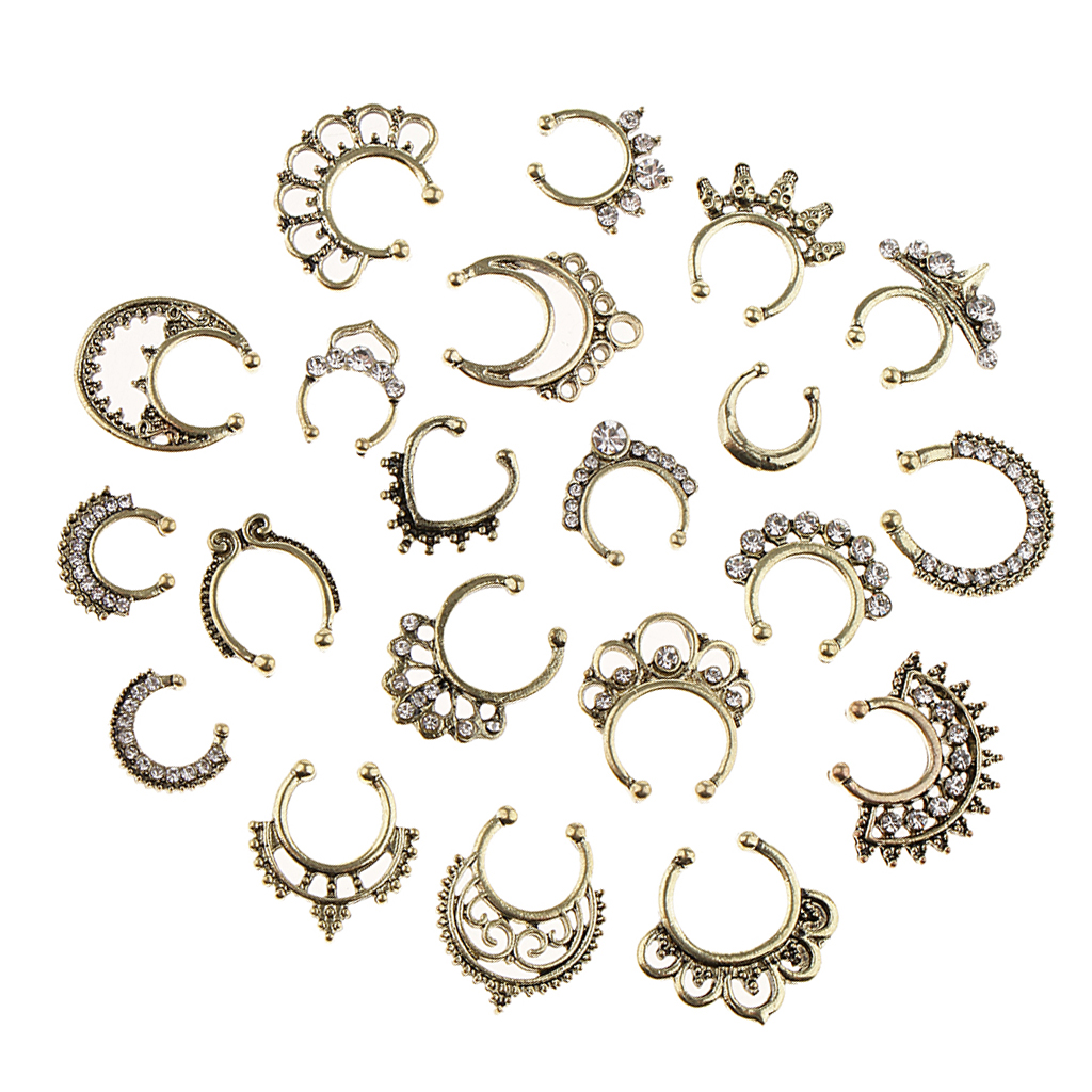 21pcs Nose Fake Septum Ring Clip On Body Jewelry Faux Hoop Ring Rhinestone