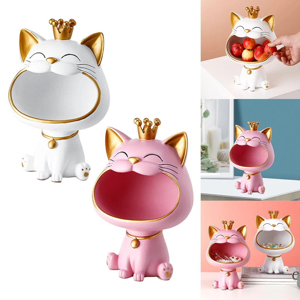 Lucky Cat Figurines Big Mouth Sundries Storage Box Sculpture Statue Resin Animal Decorative Living Room Home Table Ornament