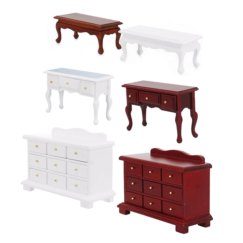 1/12 Dollhouse Miniature Table Chair Cabinet Wooden Furniture Set (Wood Color)
