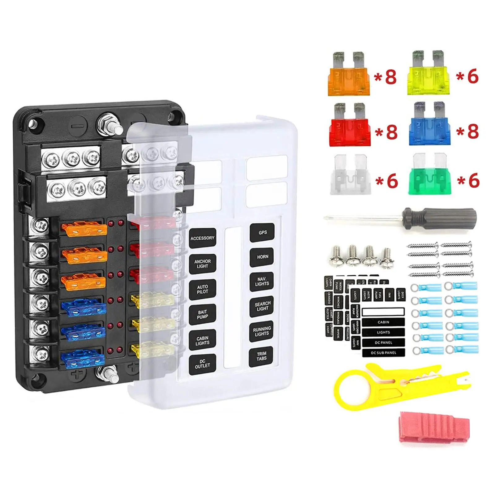 12 Circuit Fuse Block Fuse Box Holder Damp-Proof Cover Fuse Box for SUV Vehicle Marine RV Trailer