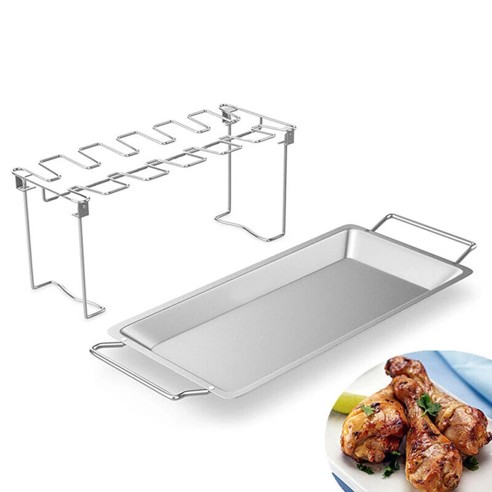 Folding Chicken Leg & Wing Holder Rack Grill Stand Roasting BBQ Steel Outdoor Grill with Drip Tray for Smoker Grill or Oven