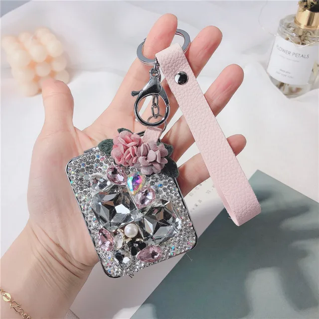 Creative And Convenient Folding Diamond-Studded Small Mirror Keychain To  Carry Makeup Mirror Bag Accessories Keychain