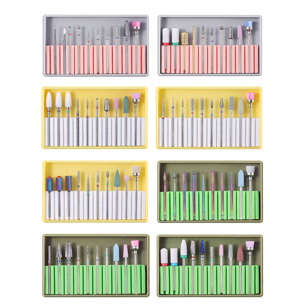 10x Nail Drill Bits with Cleaning Brush Set Manicure Tips Grinding Nail Bits Kit