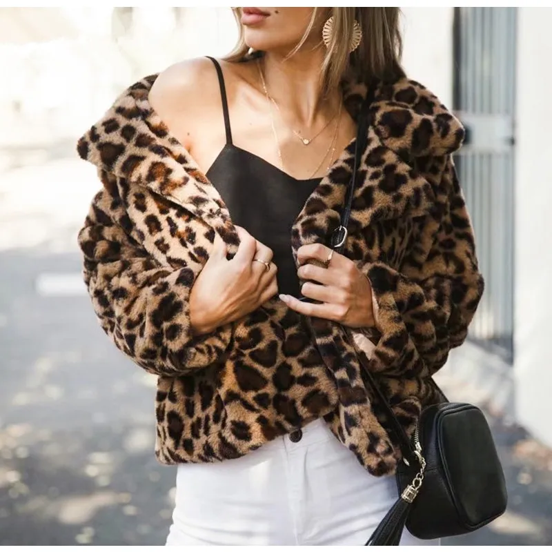 leopardo, casaco de pelúcia fofo solto, outwear