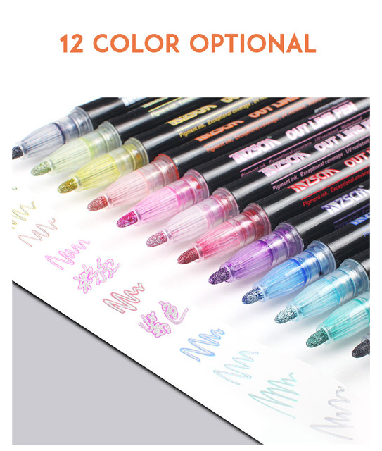 Double Line Pens Metallic Color Pen  Supersquiggles Outline Marker - 12  Colors - Aliexpress