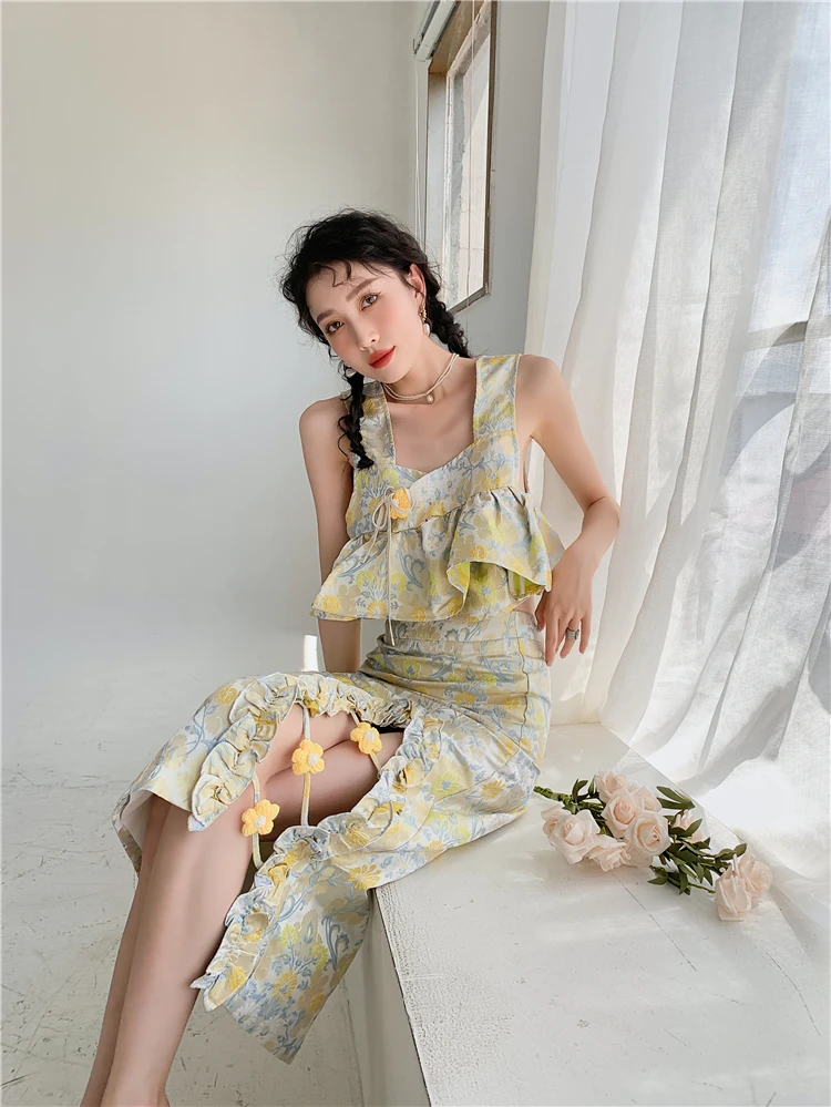 Jacquard Top Women’s Yellow High rise Waist Skirts Summer Designer Floral Slit Vintage Knee Length Bodycon Skirt Fashion Tank Tops for Woman in pastel Yellow