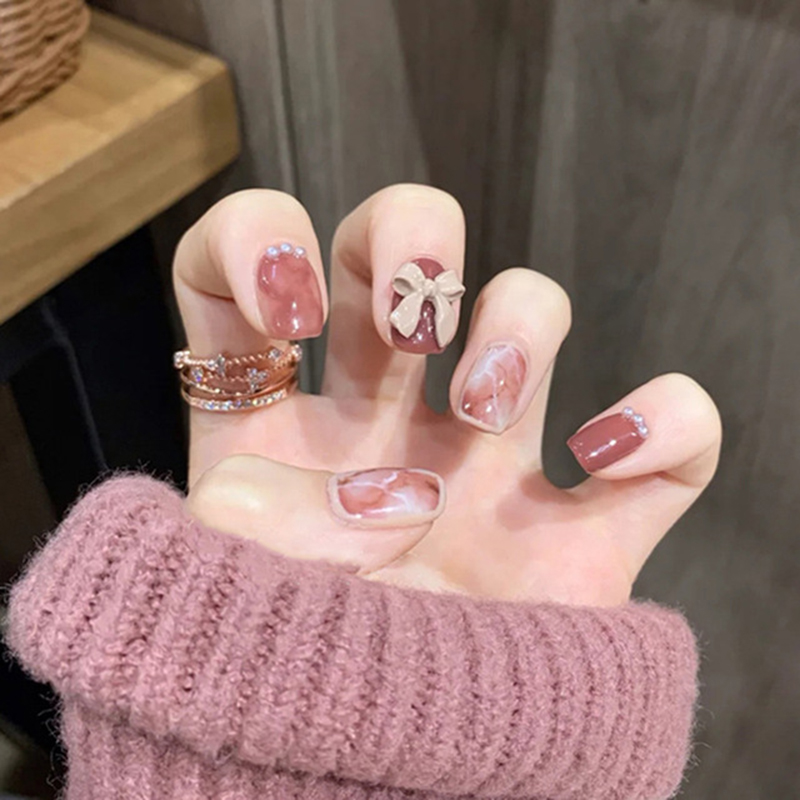 Pasta de Feijão Peças com Cola Atacado Unhas Falsas Borboleta Diamante Blooming Cor Wearable Prego Destacável Adesivo 24 m3 1 Unhas postiças