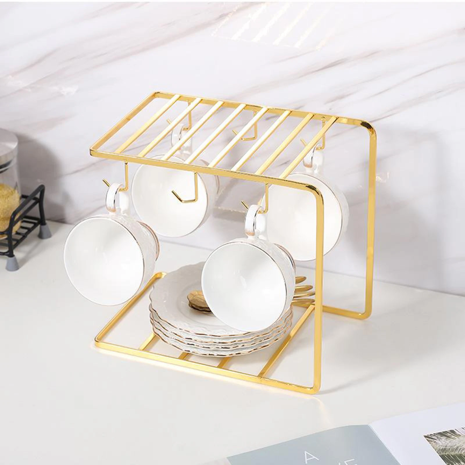 Golden Cup Drying Rack Stand 6 Metal Cup  for Coffee Cups & Tea Cups