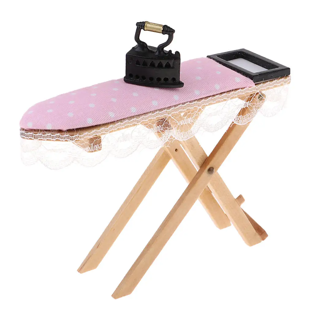 Dollhouse Miniature Foldable Ironing Board with Lace Trim And Vintage Iron